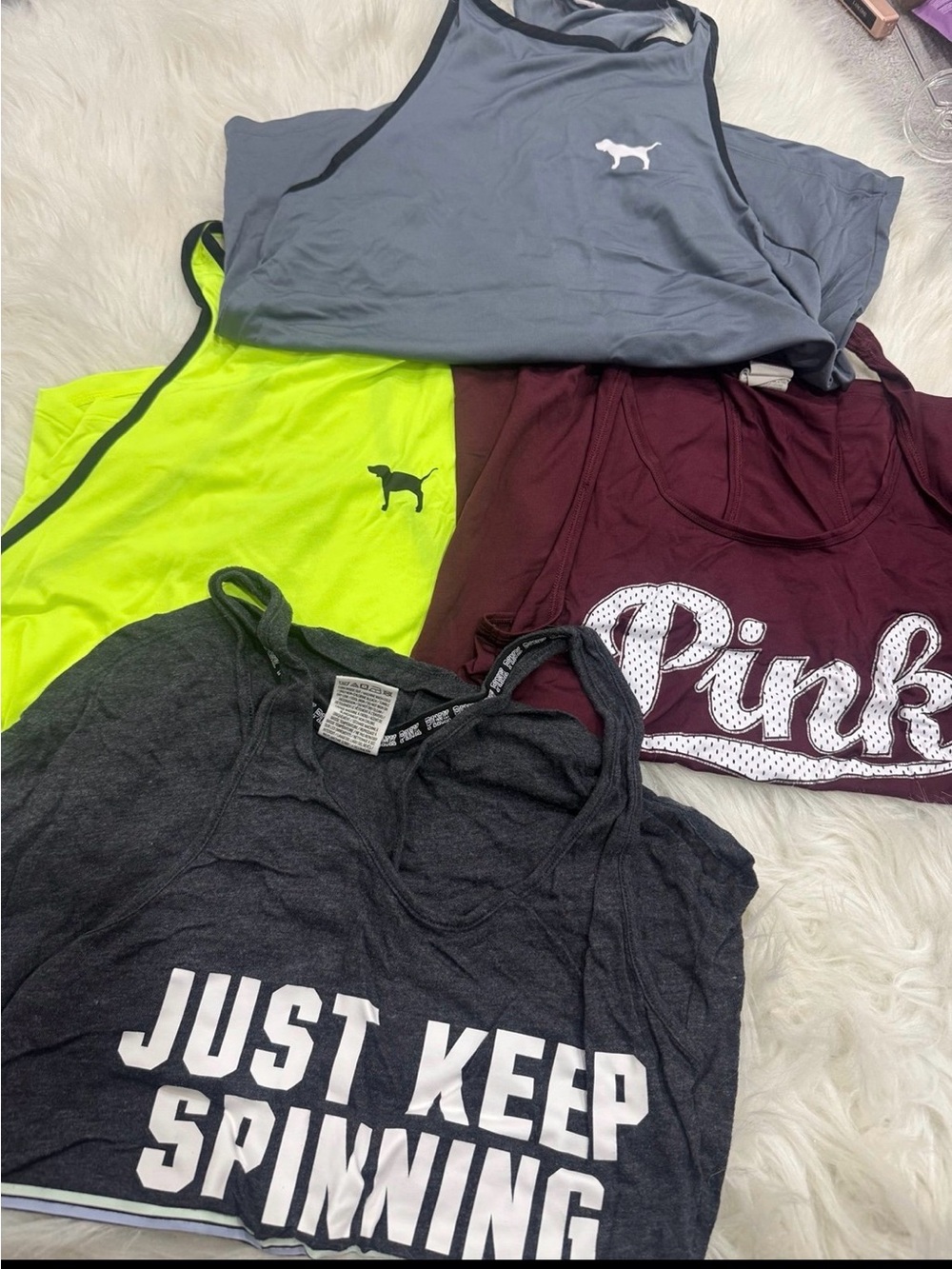 PINK Victoria's Secret Gray, Neon Yellow, Maroon & Charcoal Tank Tops Bundle